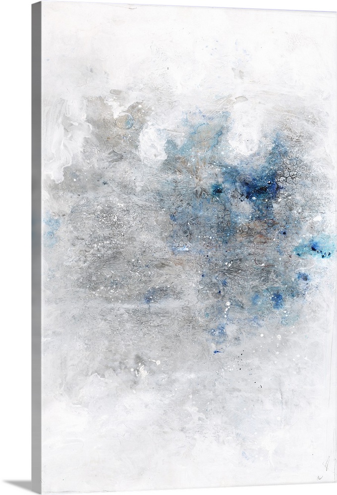 Large contemporary abstract artwork with silver and blue hues in the middle of a white background with faint circles poppi...