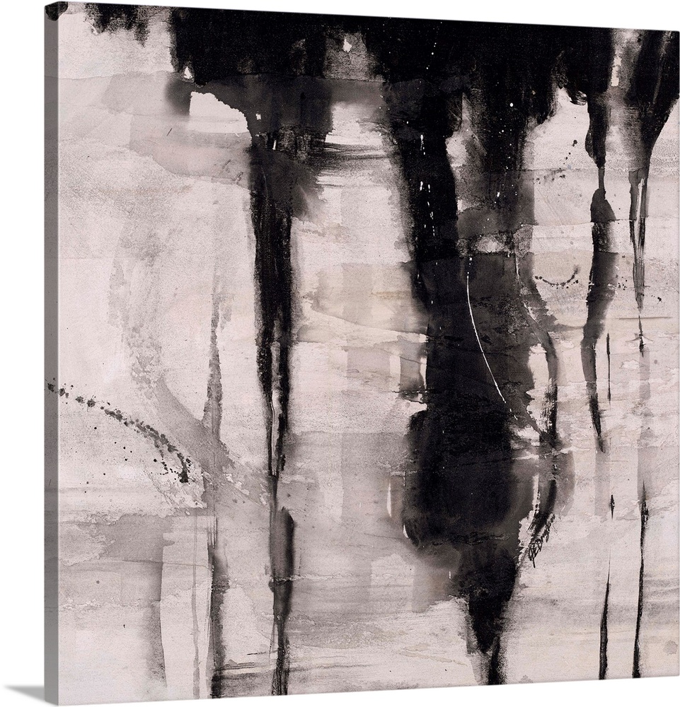 Abstract painting using black paint dripping down from top of image, against a gray toned background.