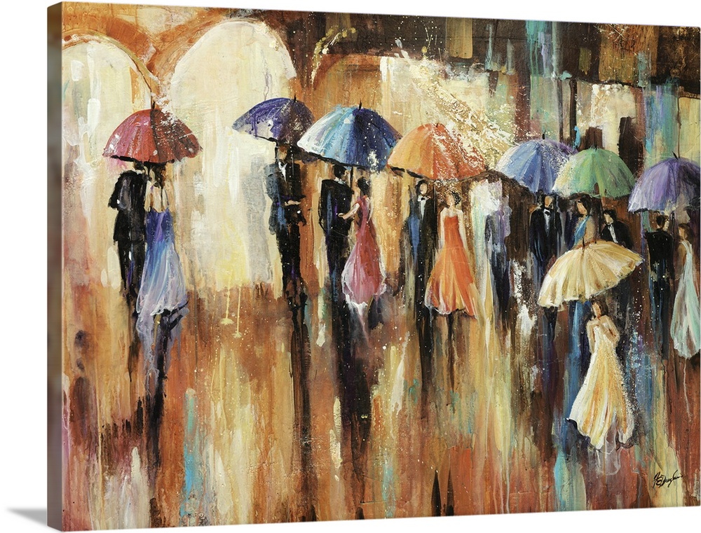 Big painting of men and women under umbrellas going to a show as it rains.