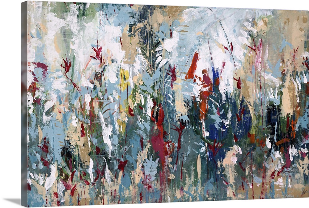 Abstract painting using a spectrum of colors assembled in a way that gives the appearance of flowers in a garden.