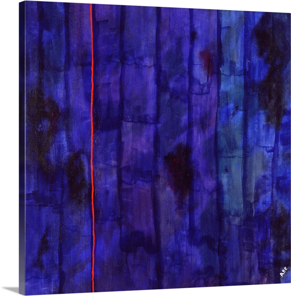 Contemporary abstract painting of a thin red line against a dark purple background.