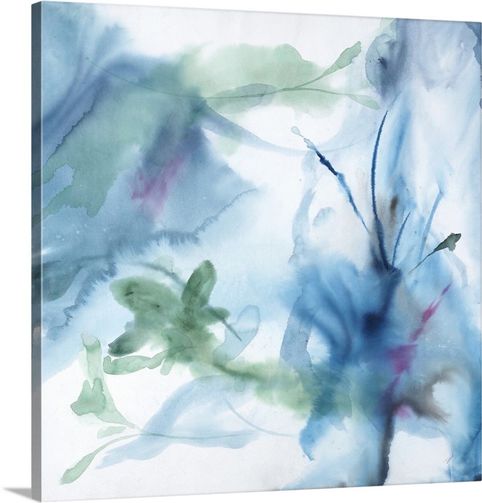 A contemporary watercolor painting of shapes resembling plants, fading into the white background.