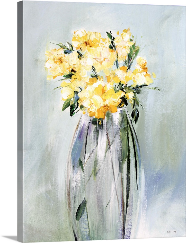 Floral painting of a golden bouquet in a tall glass vase, on a background of vertically streaked cool tones.