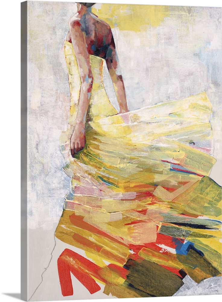 Contemporary painting of a woman facing away from the viewer wearing a yellow dress that looks as its blowing in the wind.