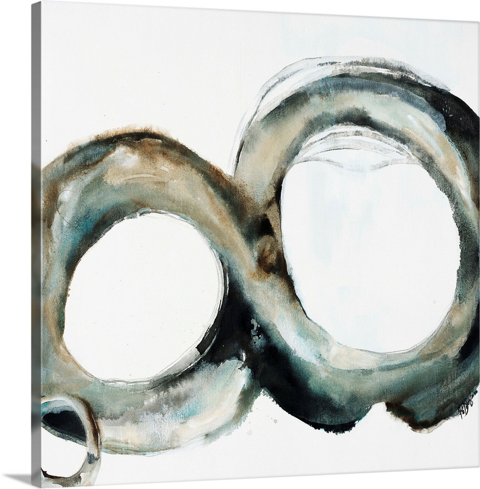 Abstract painting in contrasting neutral tones of a figure eight, lying horizontally on its side, with a tiny circle that ...