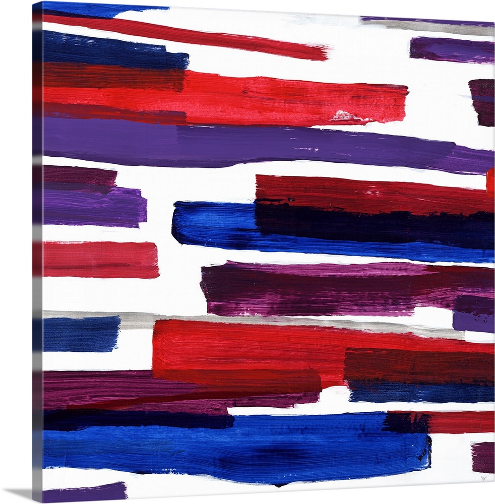 Contemporary abstract painting with horizontal bars made of red, purple, blue, and gray hues coming from both the left and...