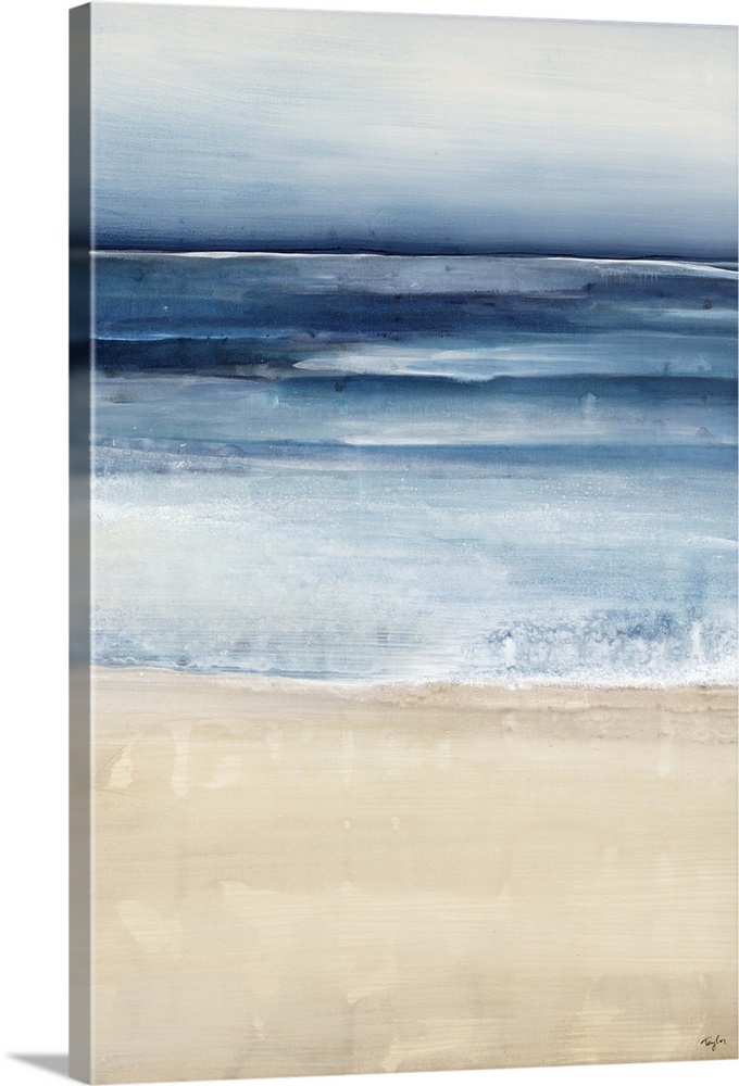 Contemporary painting of a peaceful beach scene, where the ocean and sand meet.