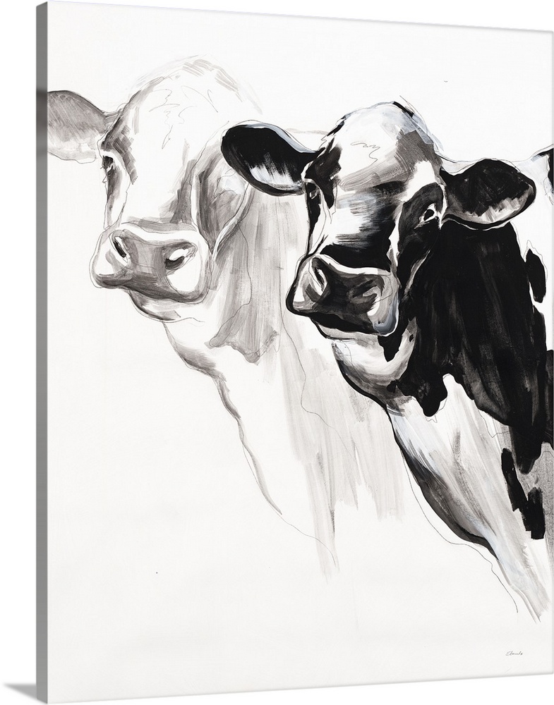 Black and white panting of two cows on a white background.