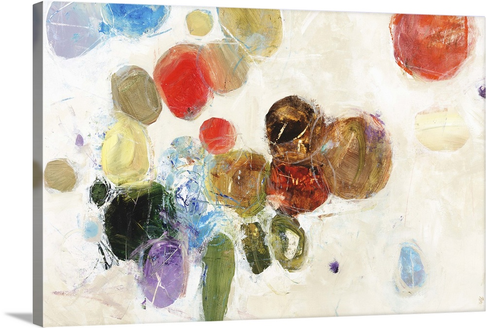 Contemporary abstract painting of several colorful circular shapes against white.