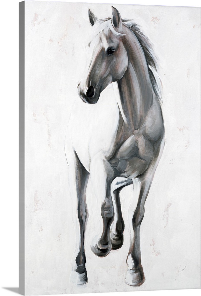 Contemporary painting of a horse with 2 legs up in black and white with brown highlights.