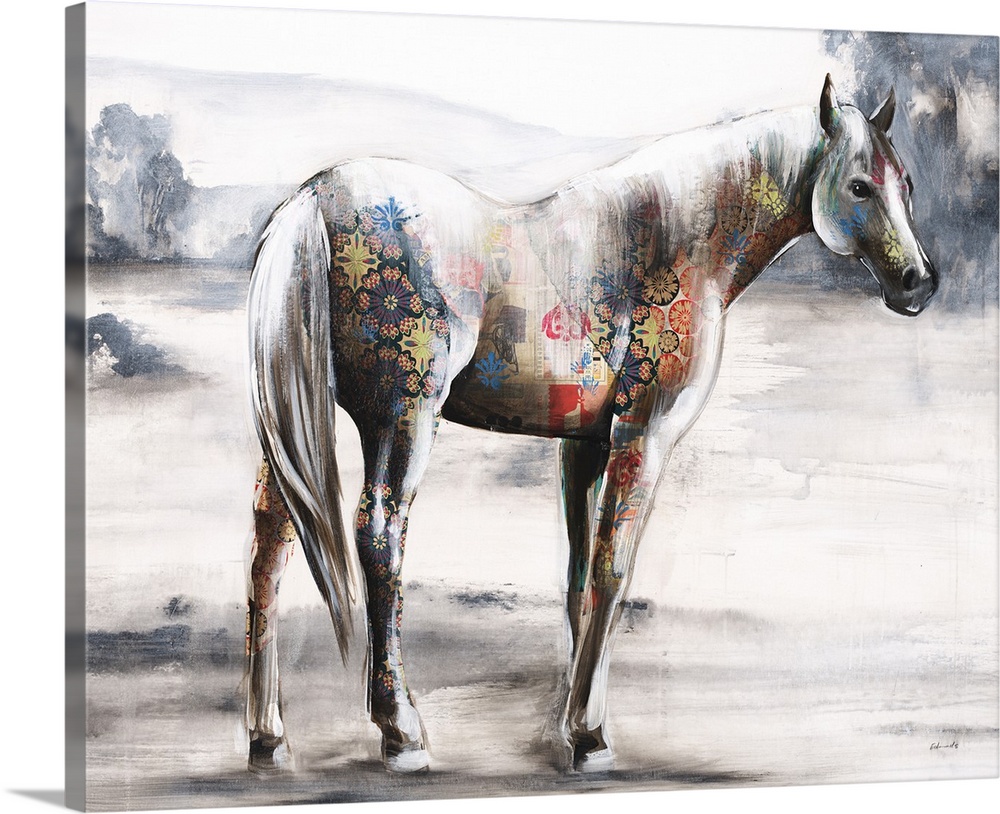 Contemporary artwork of a horse in a field created with colorful patterns made with mixed media.