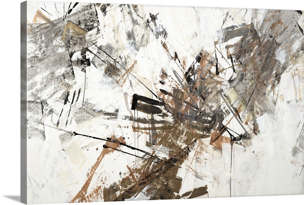 Abstract painting of a textured design in shades of white and light gray with accents of brown throughout.