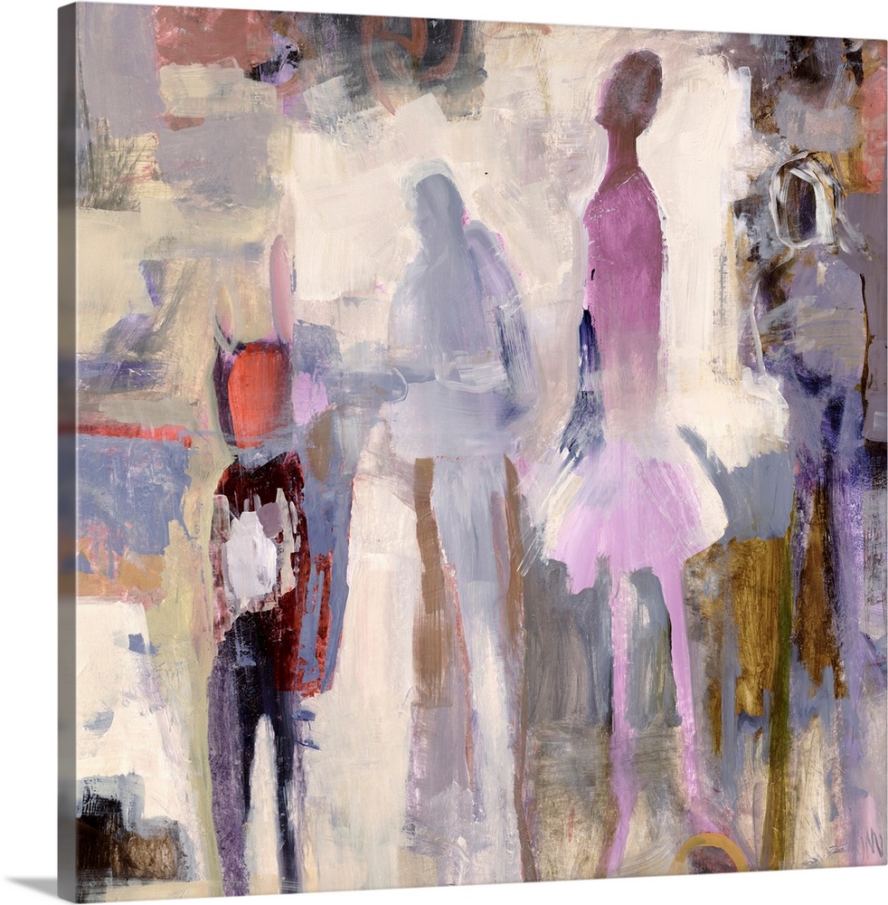 Abstract modern art depicting dancers in colorful neutral streaks of color creating a rough texture.