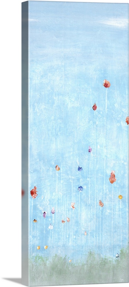 Large panel painting of tall flowers on faint white stems coming up from faded green grass and light blue skies in the bac...