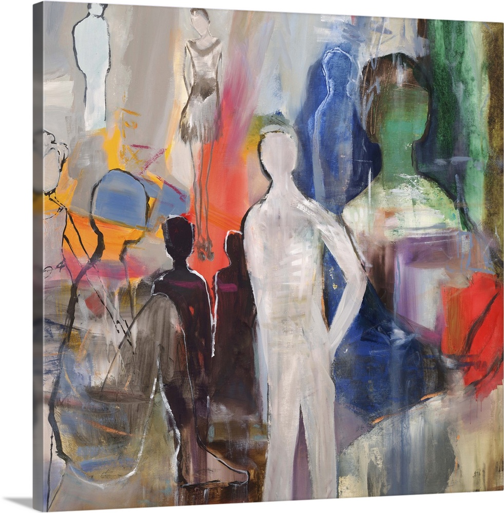 Semi-abstract artwork with several figures in varying size and color.