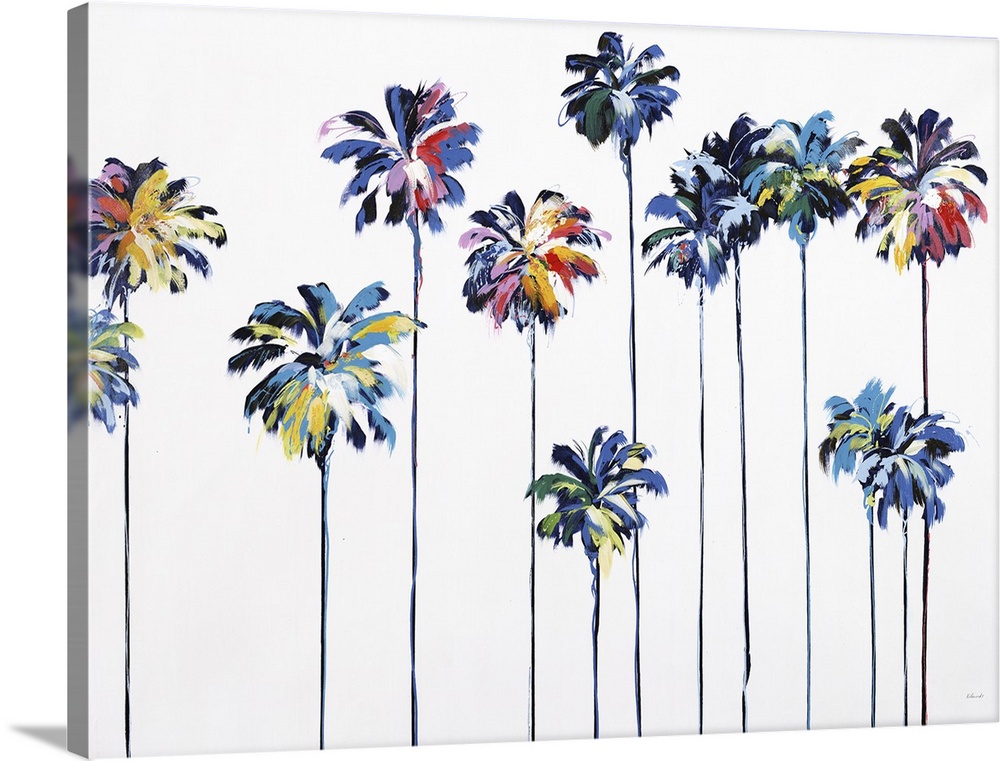 Colorful palm trees with thin tree trunks on a white background.
