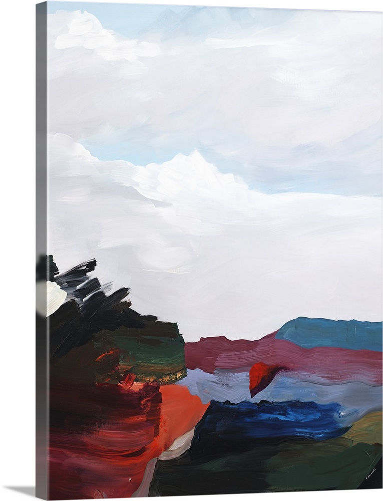 Contemporary abstract painting with deep red and blue, with pale white above, resembling clouds over a landscape.