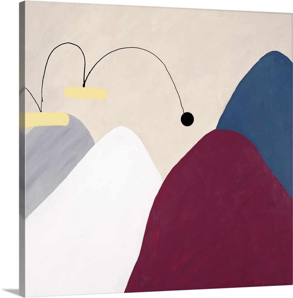 Contemporary abstract art of several mountains, each different in color, with a small ball that appears to be bouncing fro...