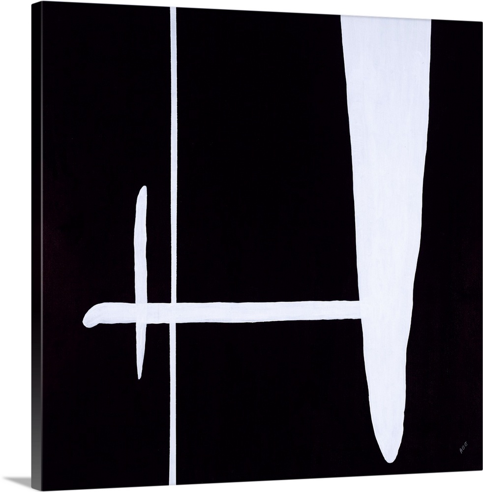 Square abstract painting with a solid black background and one medium white, thick, horizontal line with three thin to thi...