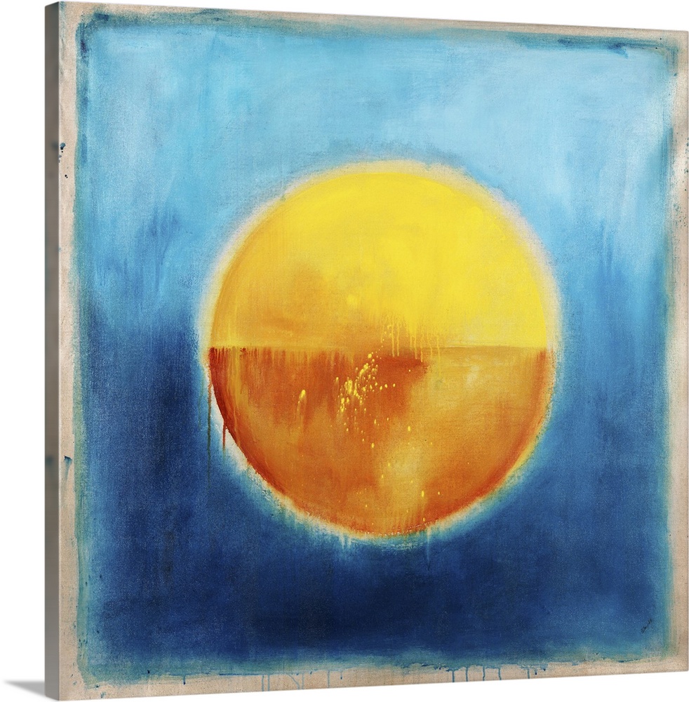 Contemporary abstract painting using vibrant colors t make circle of gold in the center of a blue background.