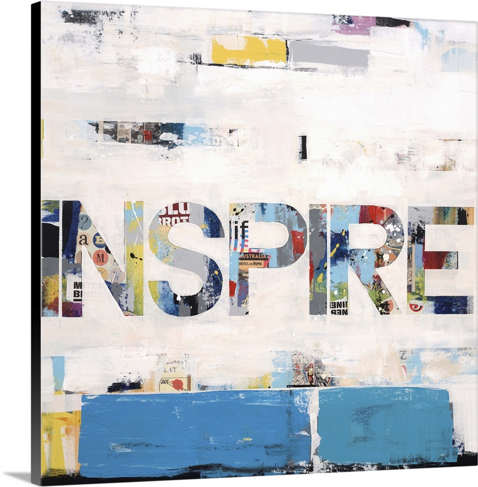 Collage-style artwork of the word "inspire" in large block letters.