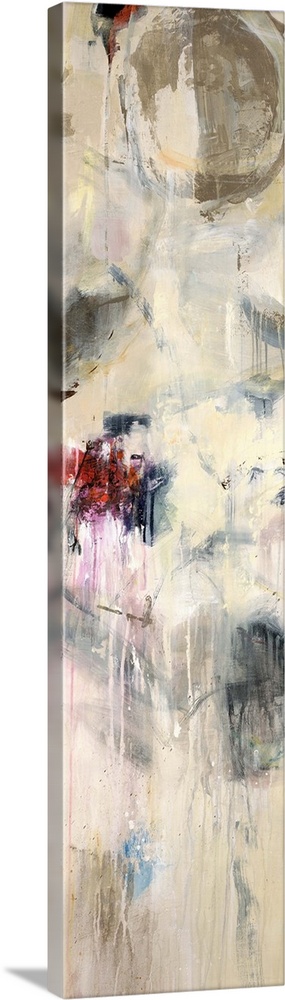 A very tall panoramic abstract piece that uses lots of neutral colors with a few pops of red.