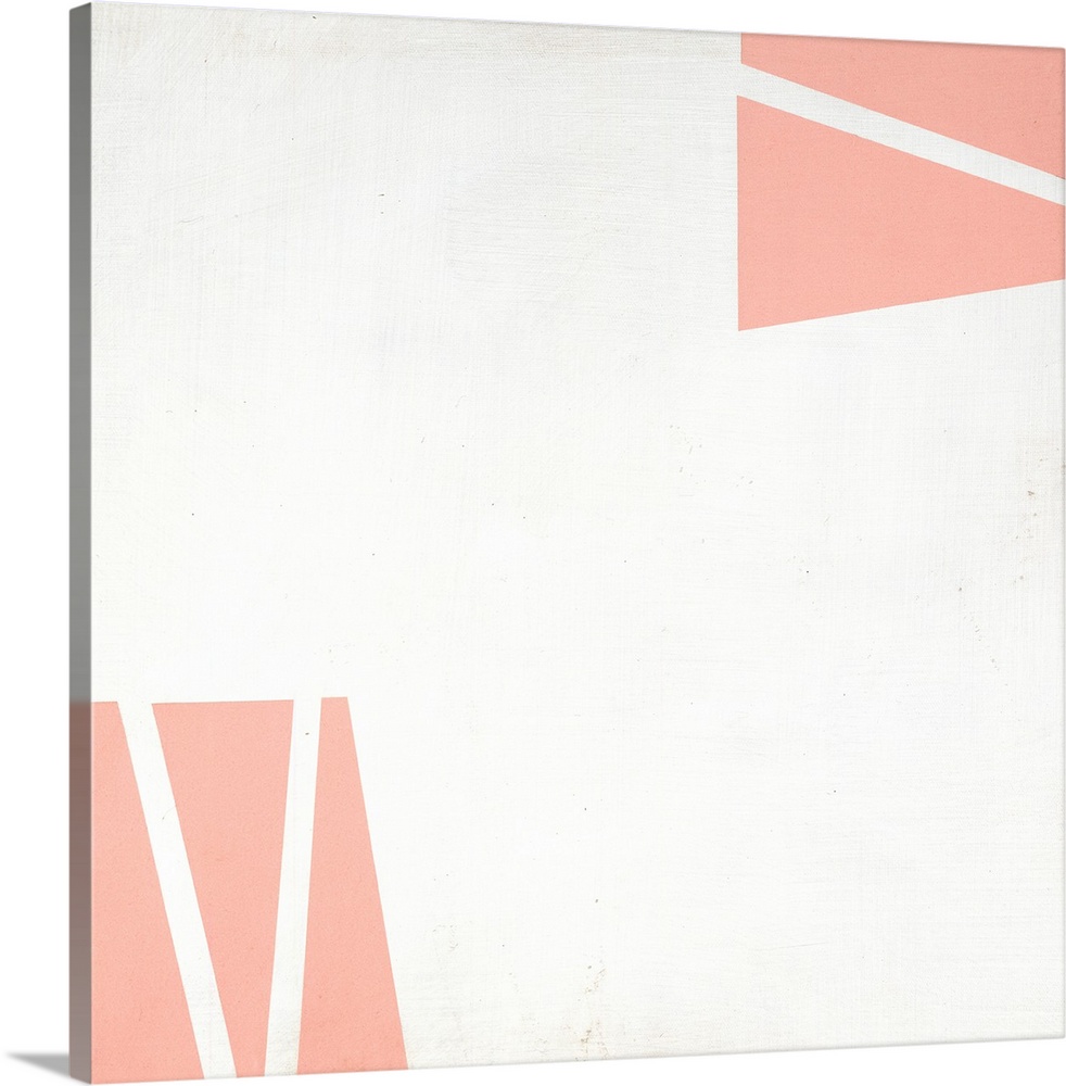 Square geometric abstract painting with pink quadrilaterals coming together to create a bigger shape in two corners of the...