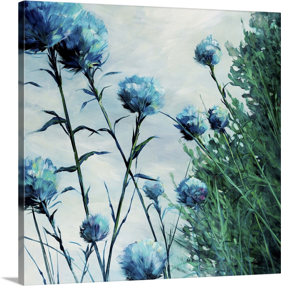 Floral painting in cool tones of a cluster of round puffy flowers on long stems next to a cluster of green grasses, beneat...
