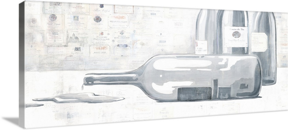 Contemporary painting in gray tones of wine bottles with one on its side with wine dripping out onto the ground and faint ...