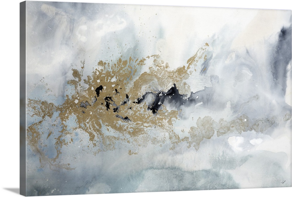 Abstract contemporary painting in blue and gold tones, resembling a cloudy sky.