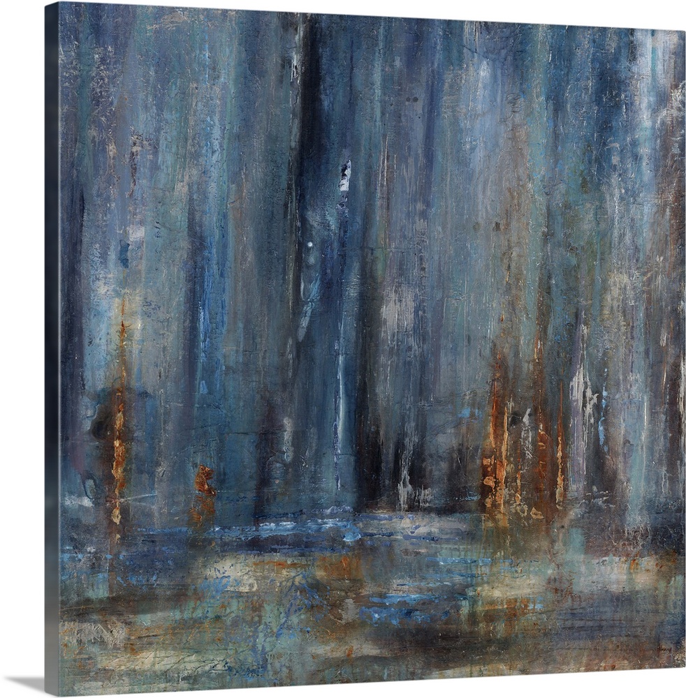 Abstract painting with dark blue cascading down from the top of the image merging with earthy tones.