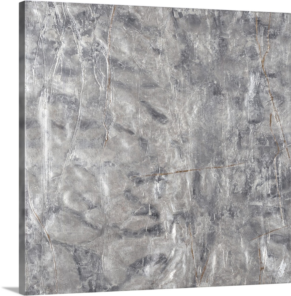 A textured abstract painting in shades of silver with faint brown lines throughout.