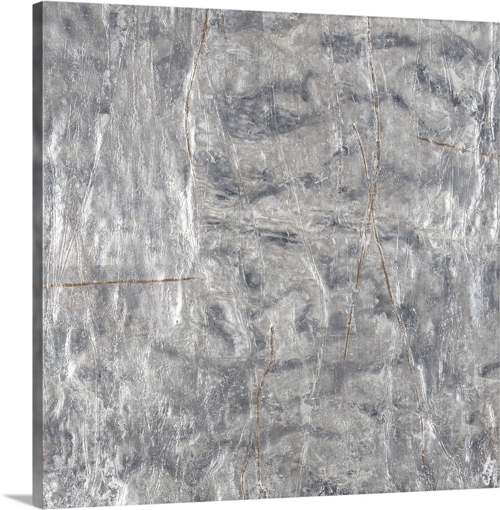A textured abstract painting in shades of silver with faint brown lines throughout.
