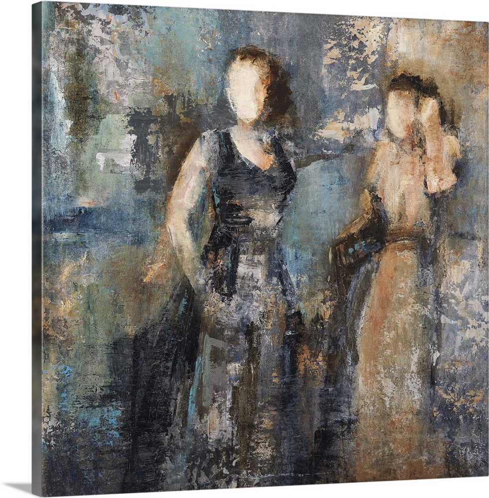 Contemporary abstract painting using cool tones and weathered textures to create female figures.