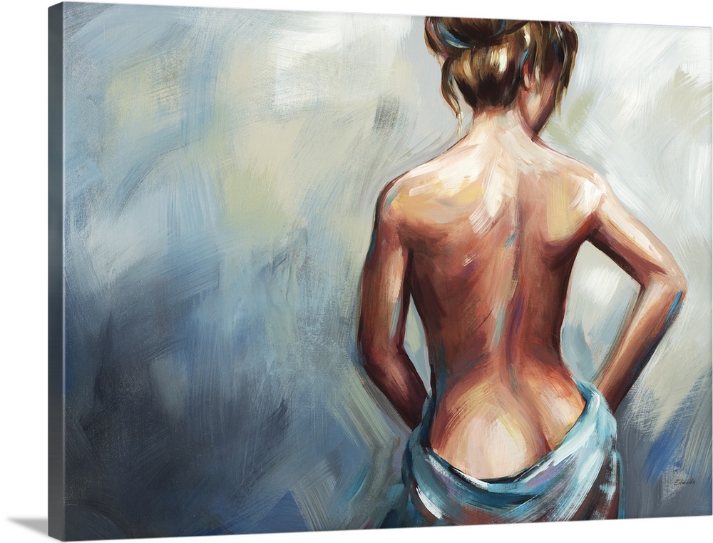 Contemporary artwork drawn of a woman's backside as she drapes a cloth just below her waist.