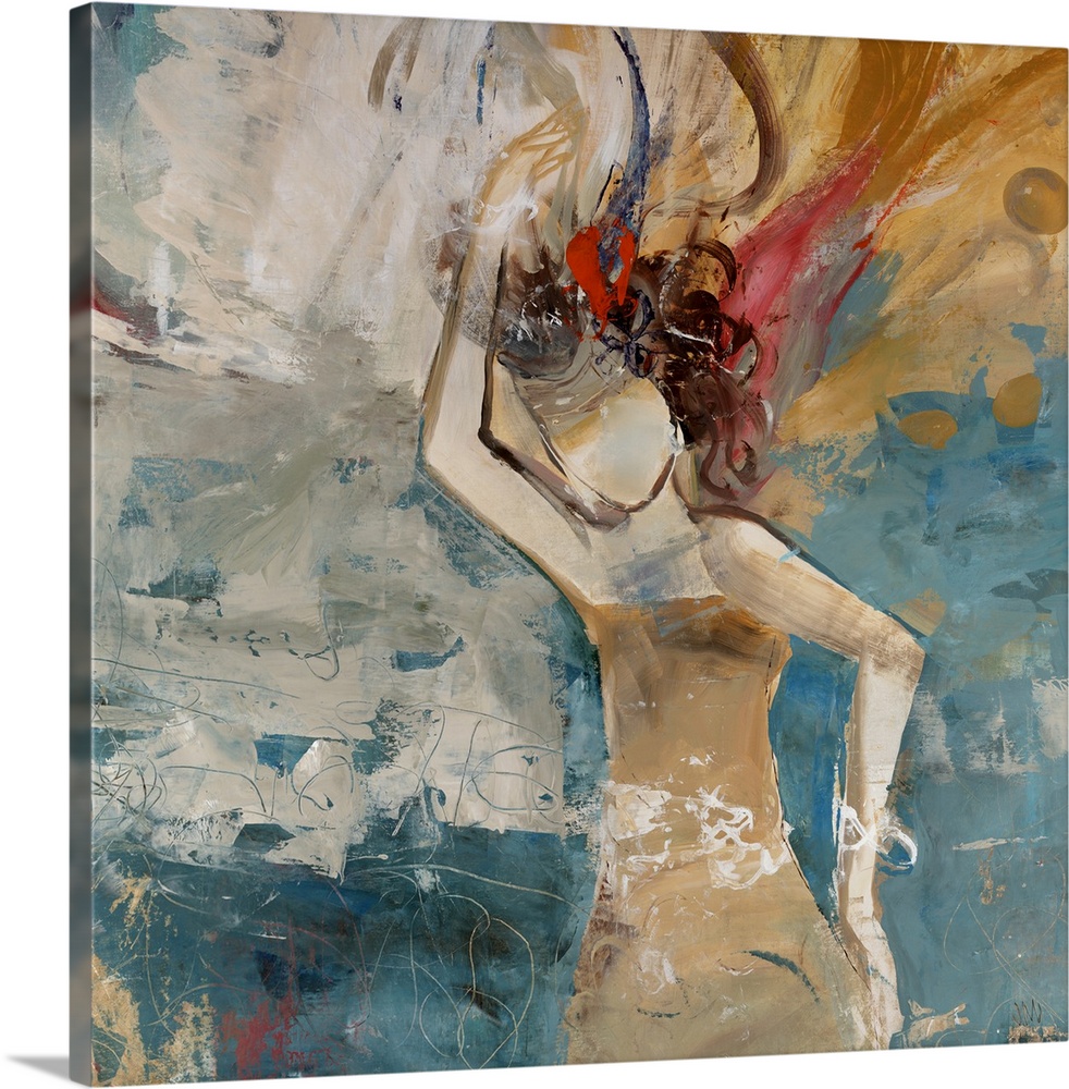 Square, oversized figurative painting of a faceless dancer with twirling hair and one arm over her head, dancing on a chao...