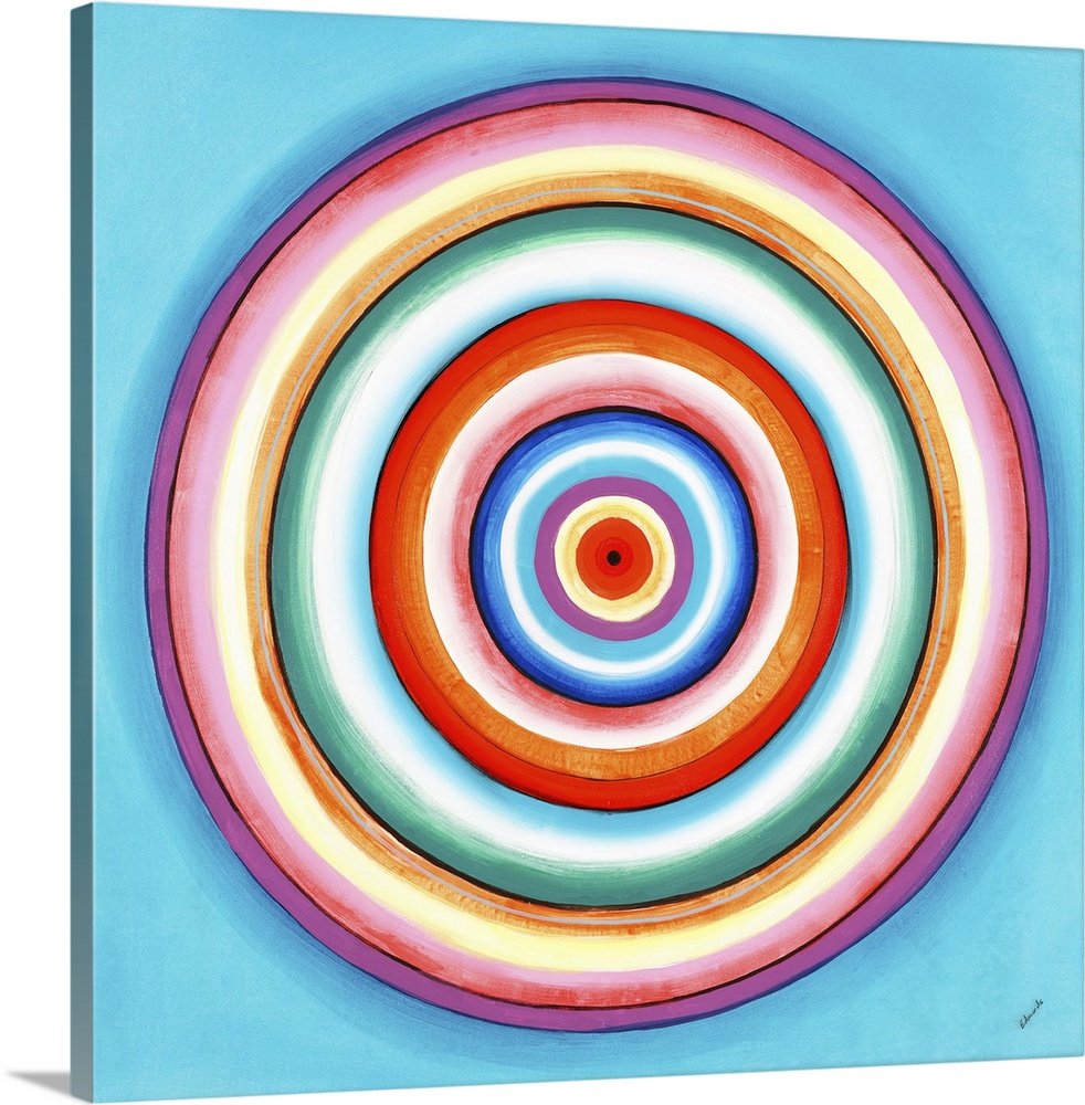 A contemporary painting of concentric circles in a variety of colors against a light blue background.
