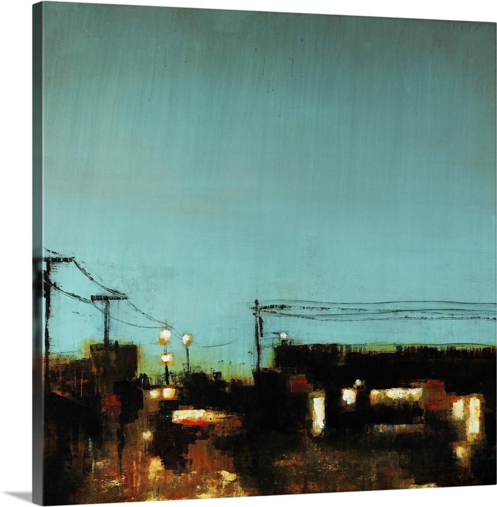 Contemporary painting with a bird's-eye view of a dark cityscape with visible lights on a rainy day, the cool dark sky abo...