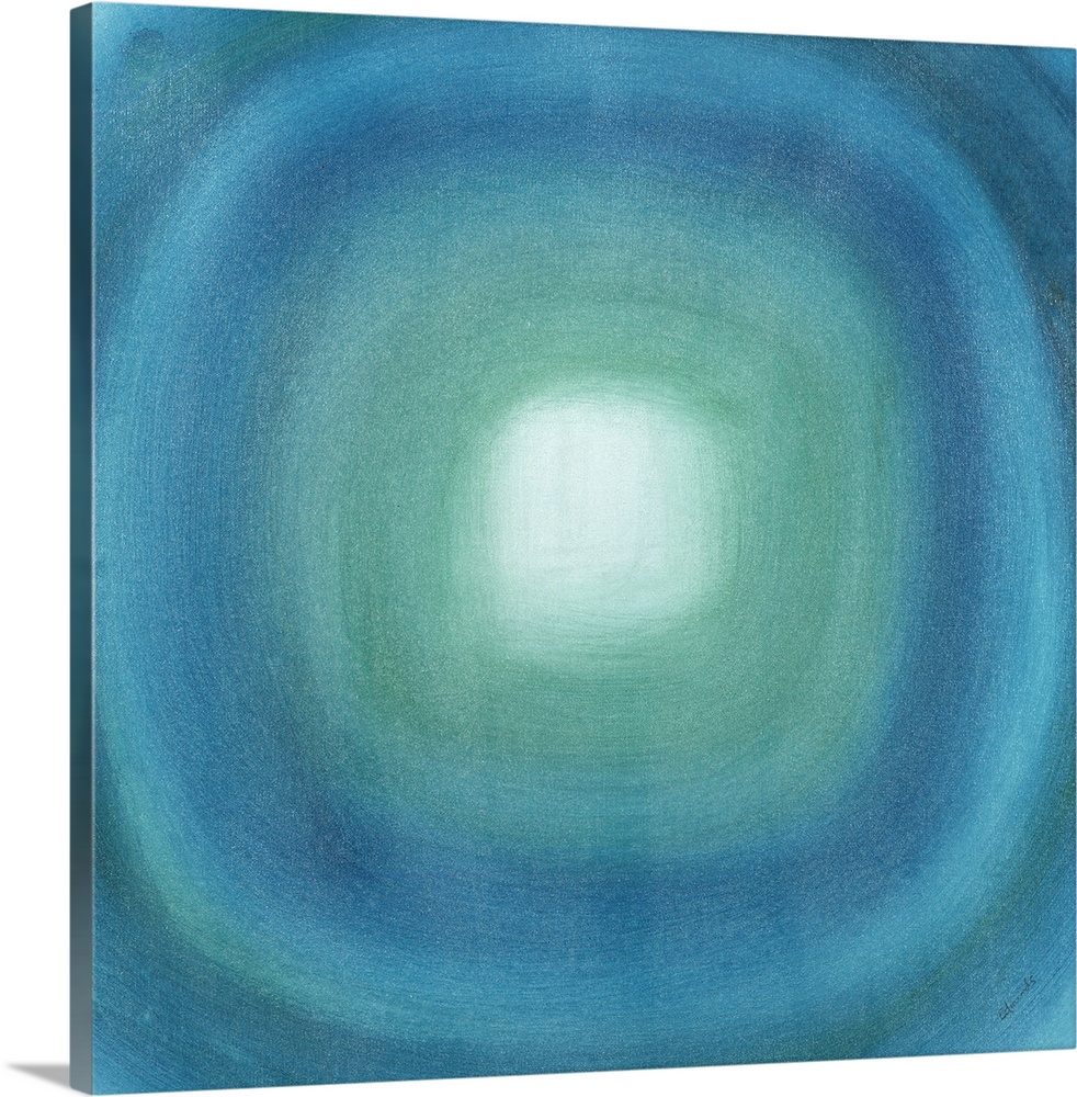 Square abstract with with a blue gradient circle moving out from the white center towards the edges of the canvas creating...