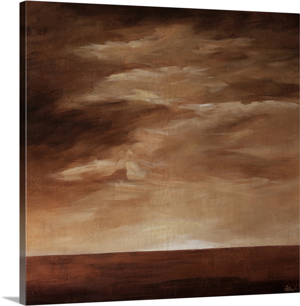 Contemporary landscape painting in brown tones with a cloudy sky.
