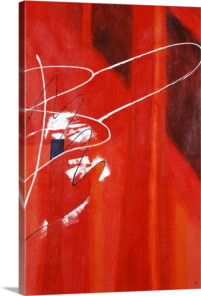 A vibrant red abstract painting with white curved lines overlaying on one side.