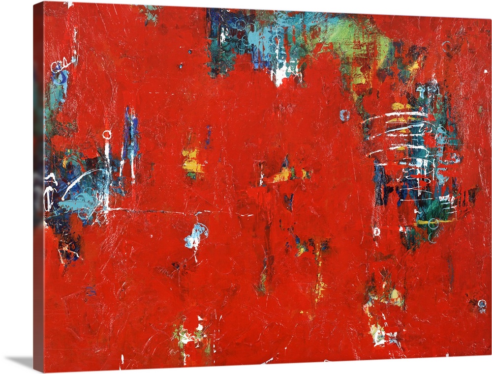 Contemporary abstract artwork in sharp red with splashes of cool blue and green.