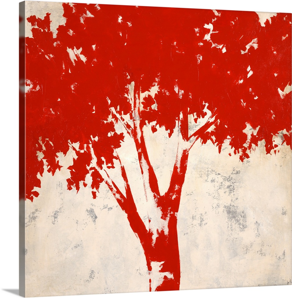 Contemporary art of a large red tree with branches full of leaves on a light neutral background that resembles parchment.