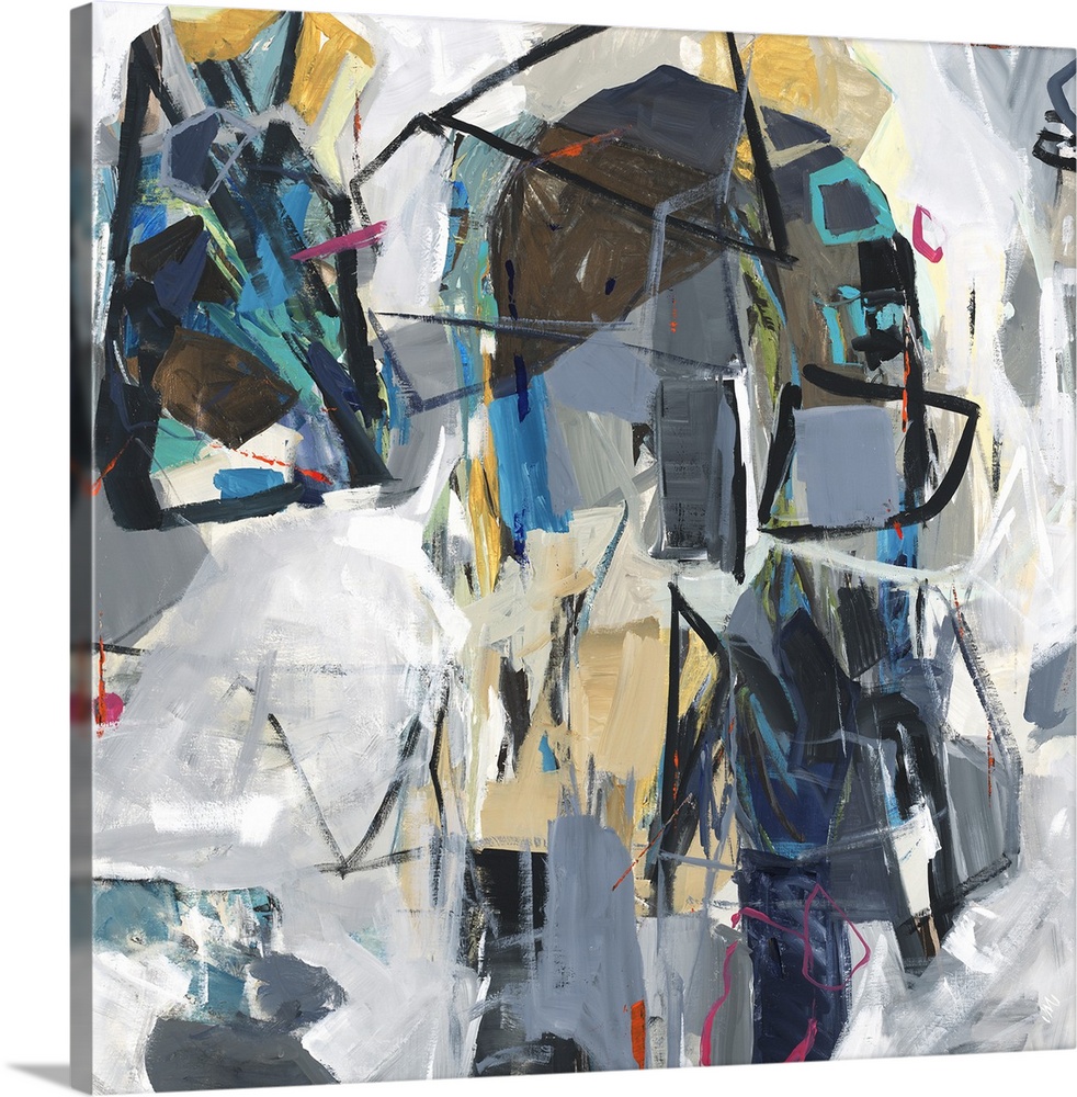 Square abstract art with colorfully compiled, loose, geometric shapes surrounded by shades of gray.