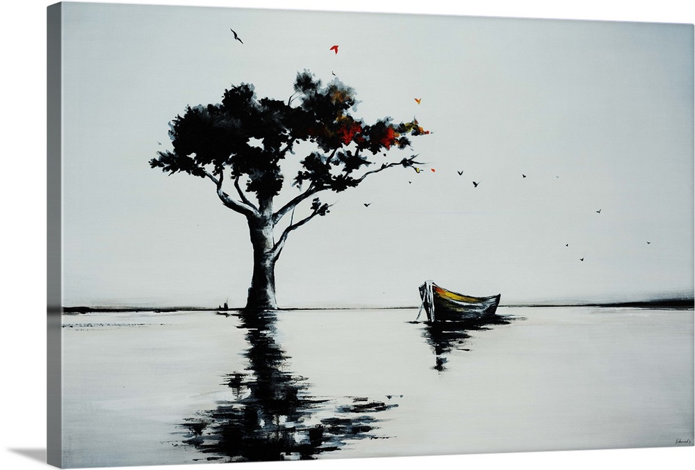Landscape painting of an empty row boat sitting in calm water beneath a large tree on the horizon, as birds fly overhead i...