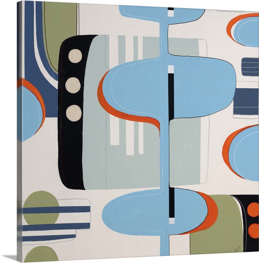 Contemporary painting of colorful retro looking shapes and designs.
