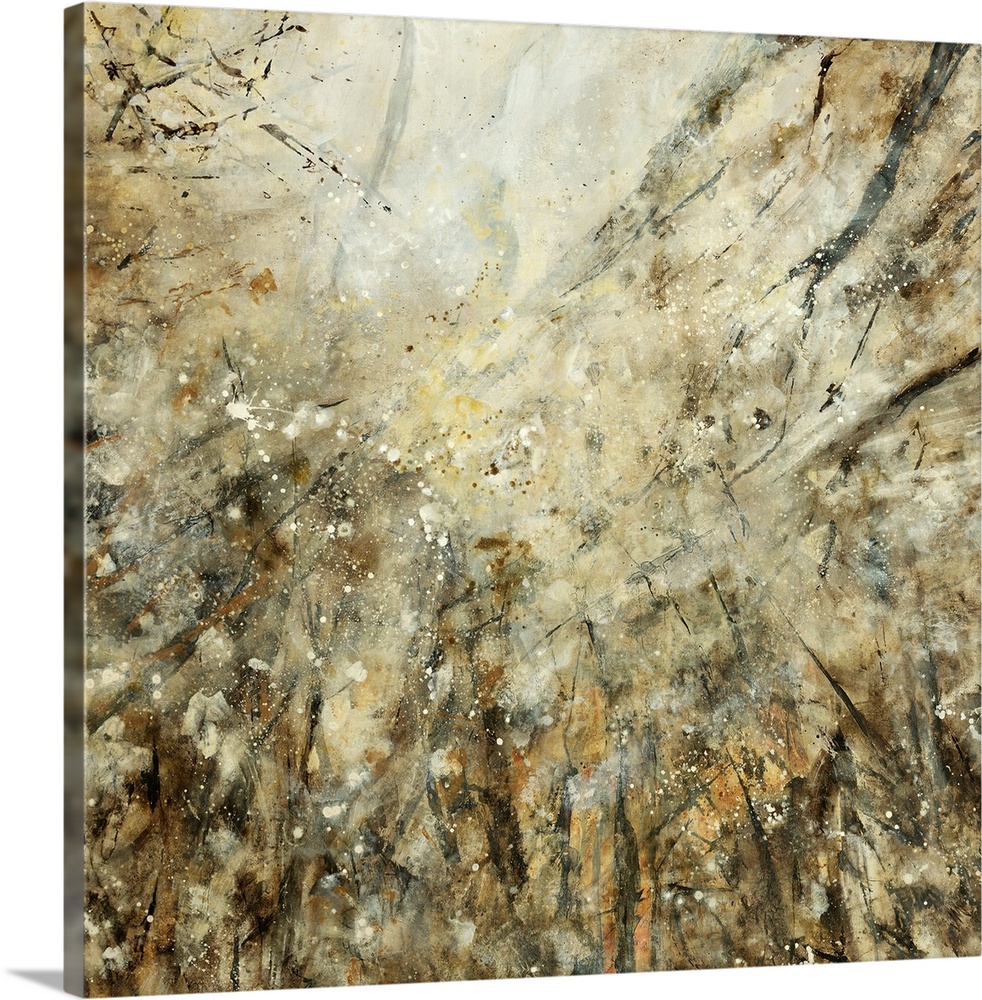 Abstract artwork that uses lots of neutral colors with splashes and streaks concentrated on the bottom of the piece.