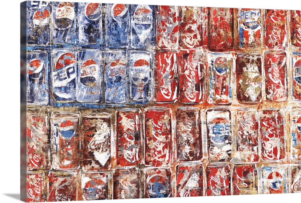 Contemporary abstract painting resembling the American flag, created out of Pepsi and Coca Cola cans