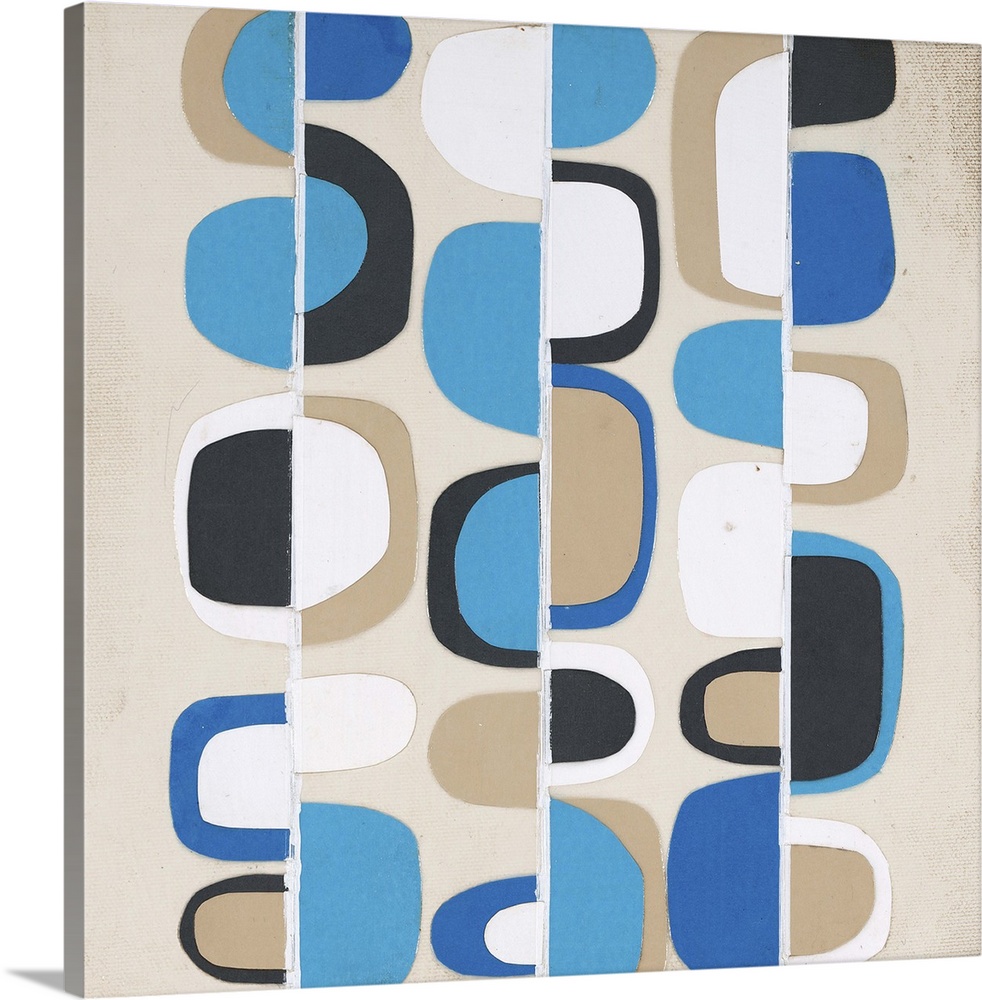Retro abstract painting with blue, tan, black, and white half circles moving up and down white vertical lines.