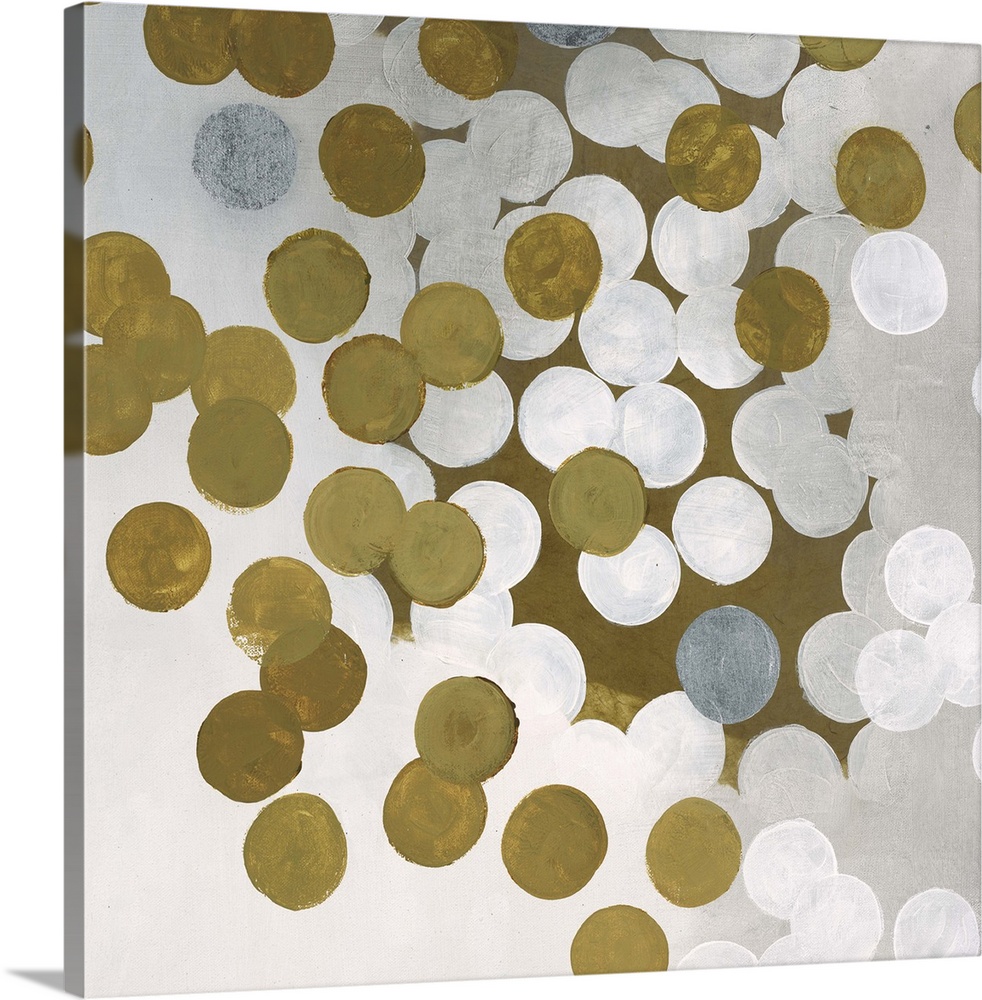 Contemporary abstract artwork made of white and gold dots.